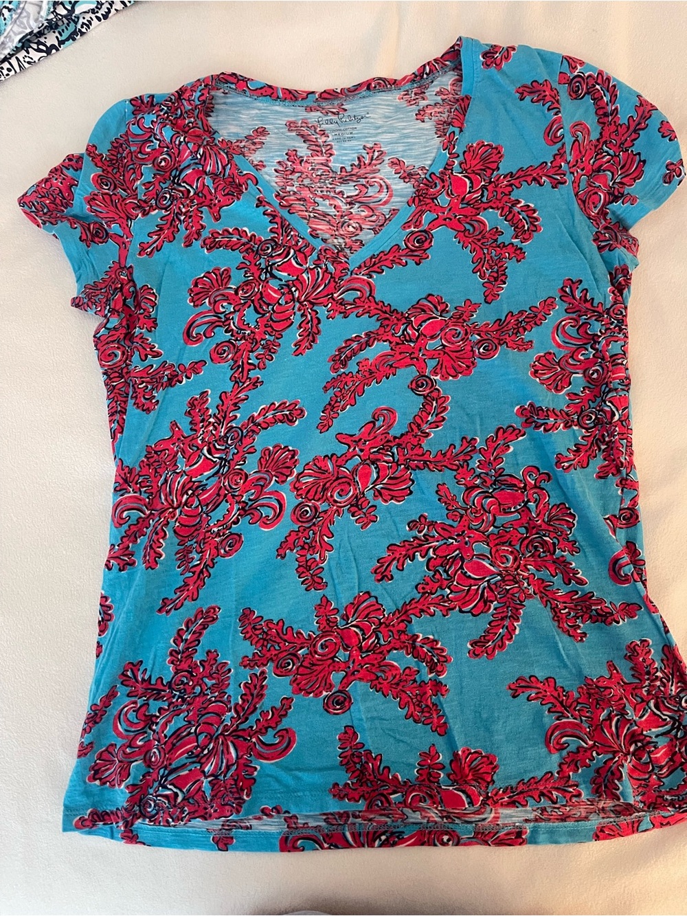 Lilly Pulitzer Turquoise V-Neck Short Sleeve Top with Pink Paisley Floral
